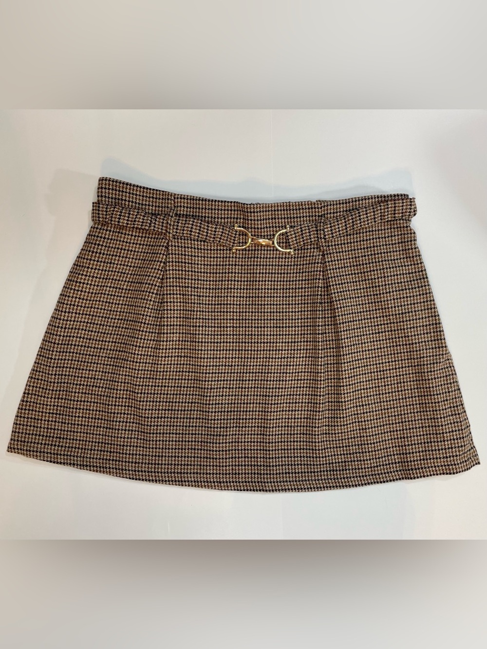 New SHEIN Brown/Tan/Cream Houndstooth A-line Mini Skirt with Matching Belt 3XL